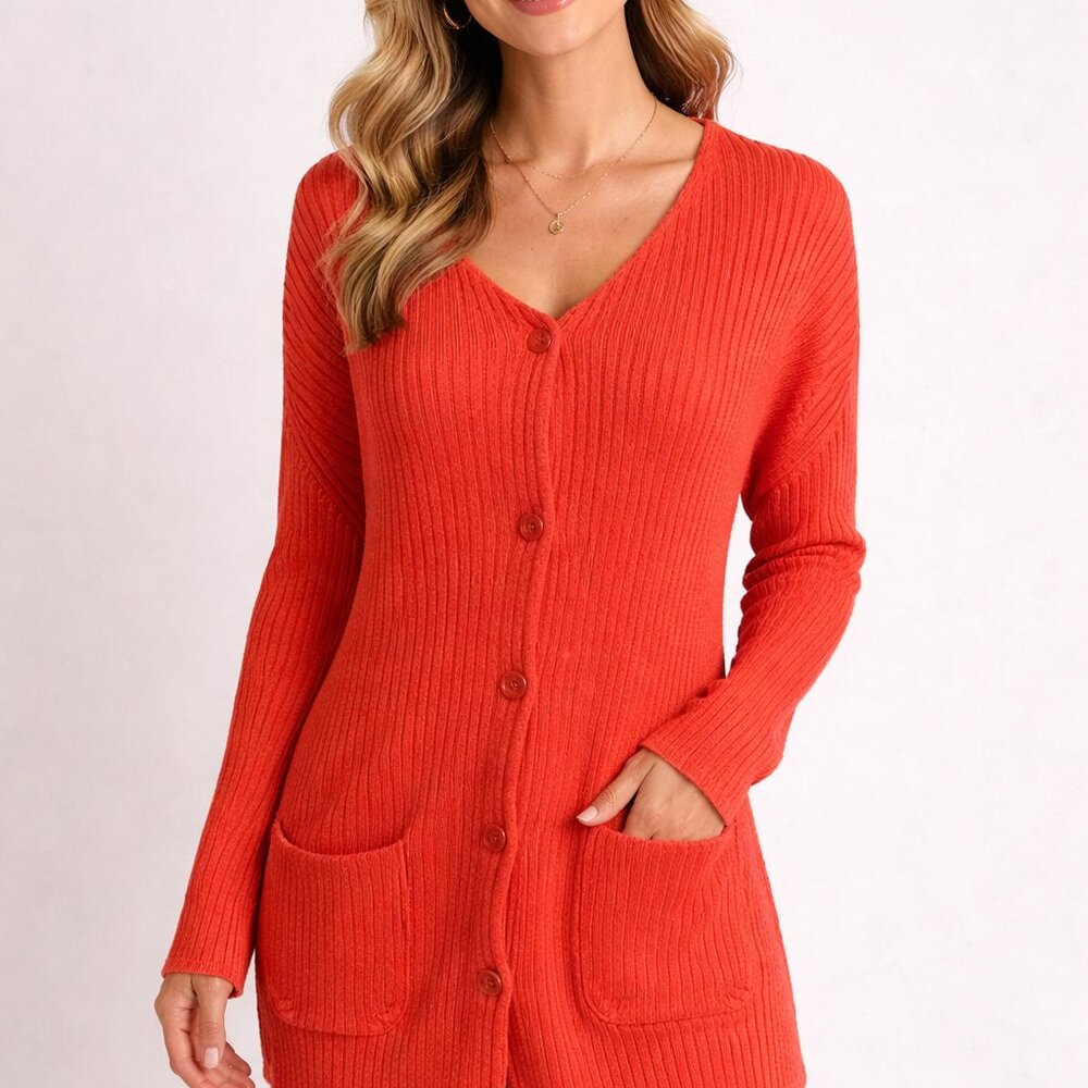 Vittadini‎ Coral Ribbed Cardigan Womens XL Silk Cotton Blend Lightweight Sweater